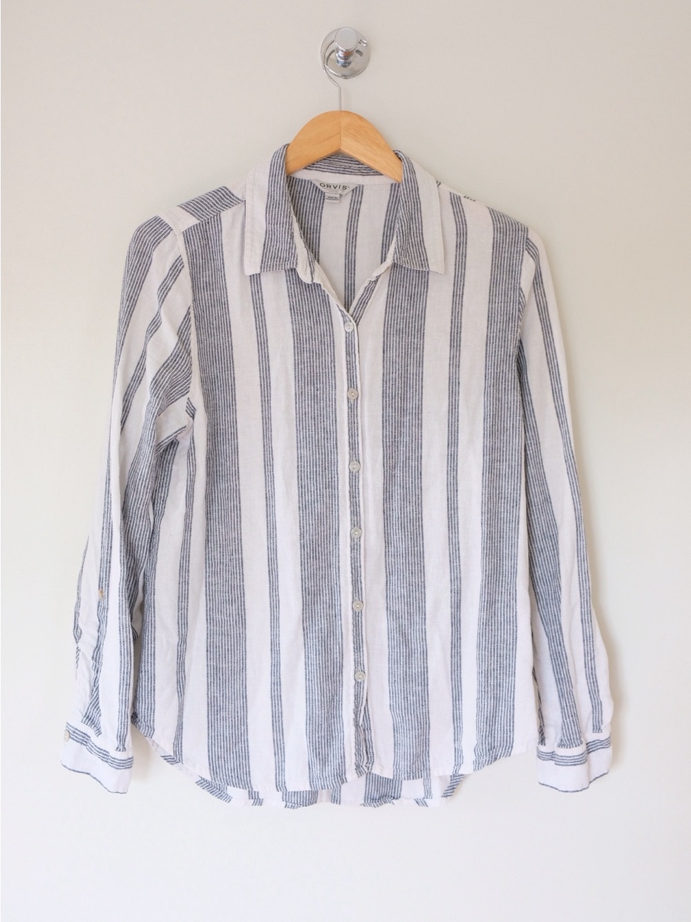 Orvis Classic Collection Black Stripe Linen Blend Button Down Coastal Preppy M